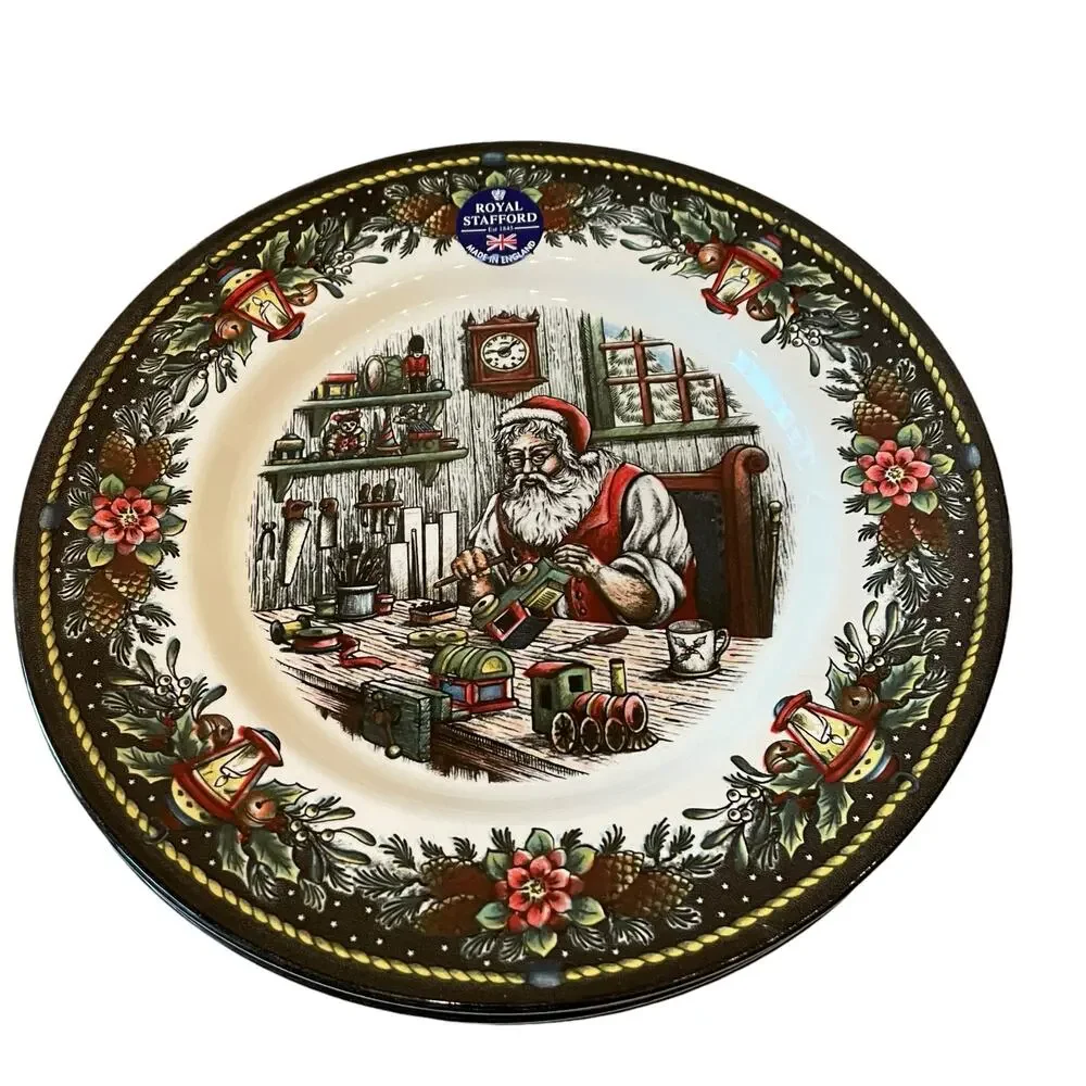 Royal Stafford SANTA'S WORKSHOP 11in Dinner Plate Set of 4 Holiday Porcelain New